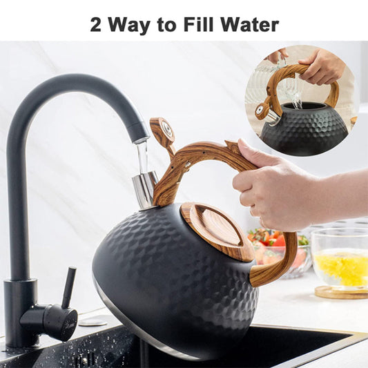 3L Whistling Stainless Steel Diamond Pattern Tea Kettle with Wood Grain Handle Black