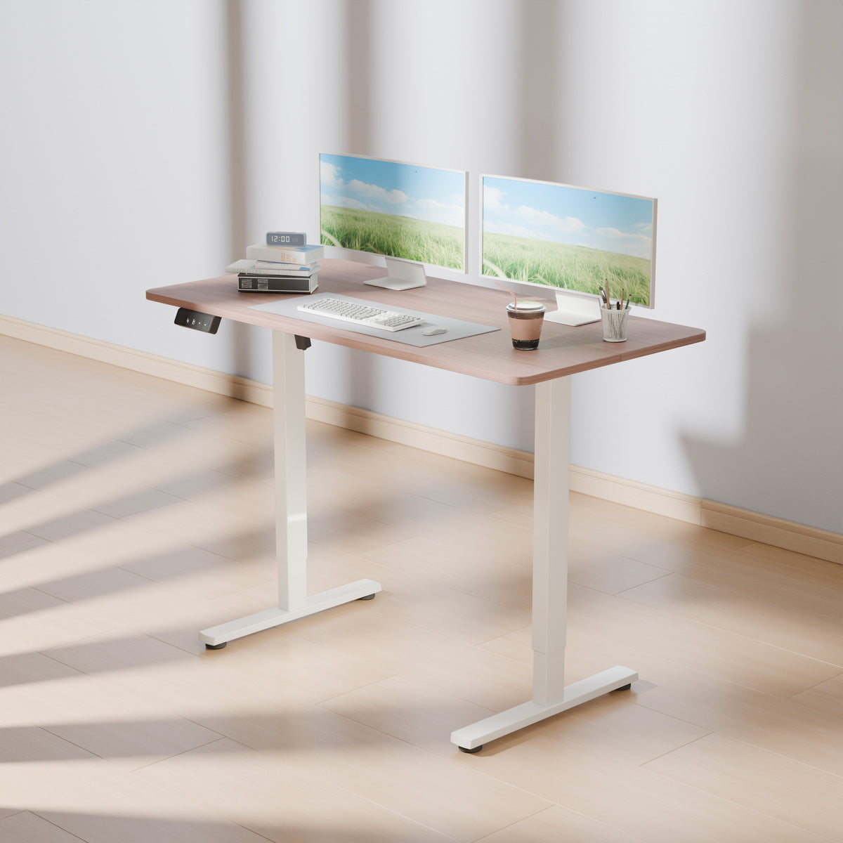 Electra Ergo Single Motor Sit Stand Desk Walnut with White Legs 1.2m