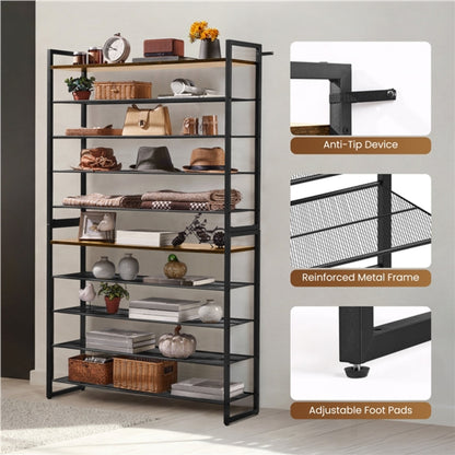 10-Tier Iron Shoe Rack Organizer Large 50-Pair Capacity Open Shoe Tower