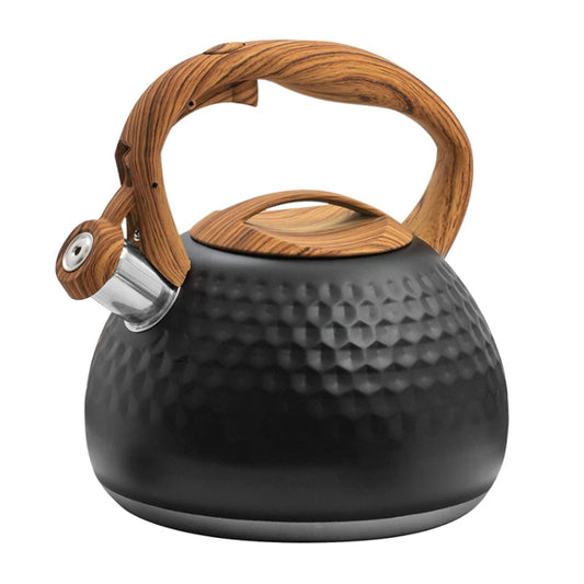 3L Whistling Stainless Steel Diamond Pattern Tea Kettle with Wood Grain Handle Black