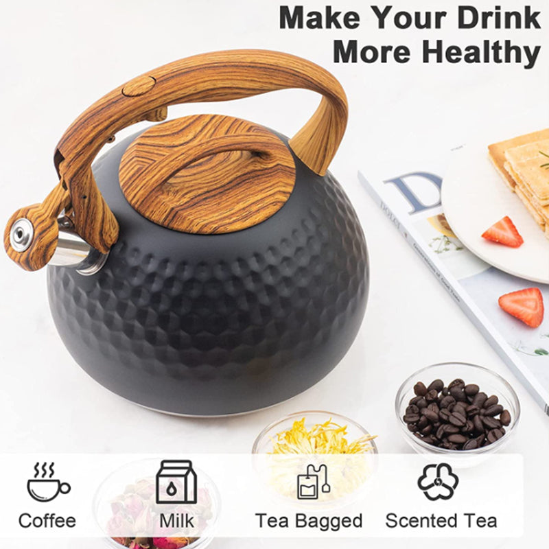3L Whistling Stainless Steel Diamond Pattern Tea Kettle with Wood Grain Handle Black