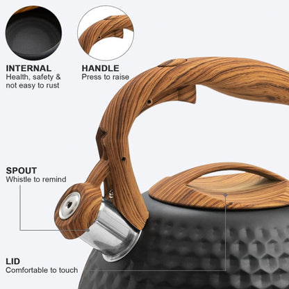 3L Whistling Stainless Steel Diamond Pattern Tea Kettle with Wood Grain Handle Black