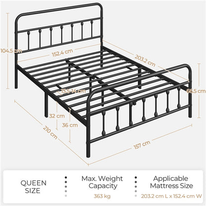 Classic Queen Size Iron Platform Bed with High Headboard and Footboard