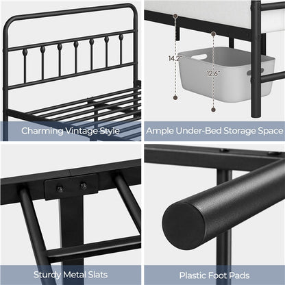 Classic Queen Size Iron Platform Bed with High Headboard and Footboard