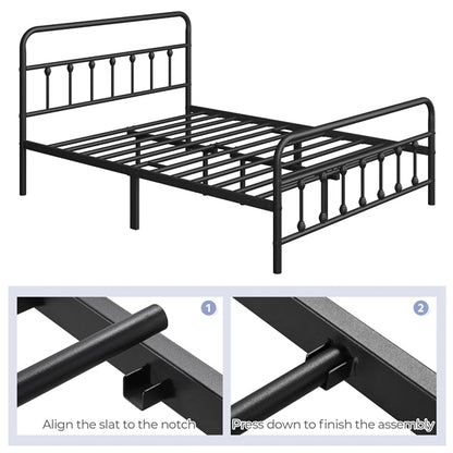 Classic Queen Size Iron Platform Bed with High Headboard and Footboard