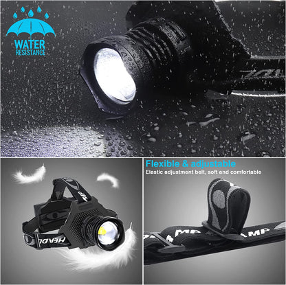 Headlamps XHP70 Super Bright Waterproof 3 x 18650 Batteris Adjustable Focus