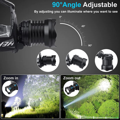 Headlamps XHP70 Super Bright Waterproof 3 x 18650 Batteris Adjustable Focus