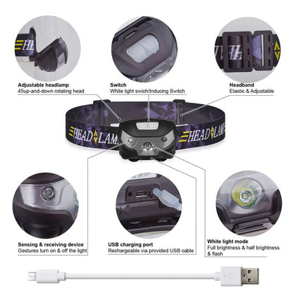 LED Head Torch Fishing Headlight Headlamp Motion Sensor