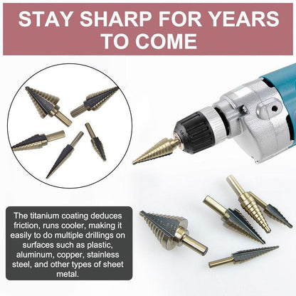 5PCS HSS Step Steel Cone Drill Titanium Bits Set