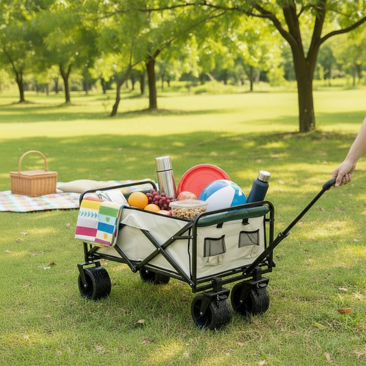 Foldable Outdoor Trolley Picnic Camping Cart 360? Rotating Wheels - Beige&Green