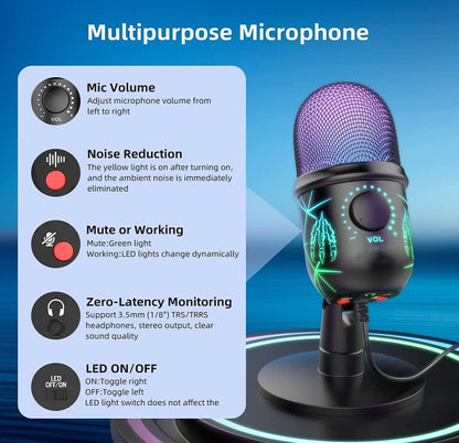 Gaming Microphone, USB PC Mic for Streaming, Podcasts, Recording, Condenser Computer Desktop Mic