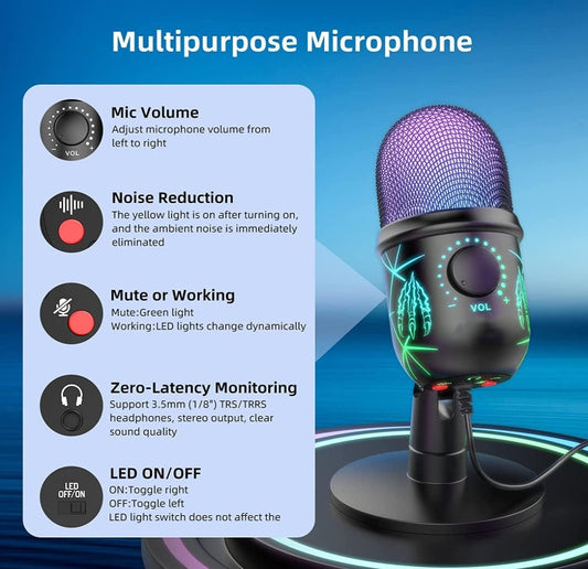 Gaming Microphone, USB PC Mic for Streaming, Podcasts, Recording, Condenser Computer Desktop Mic