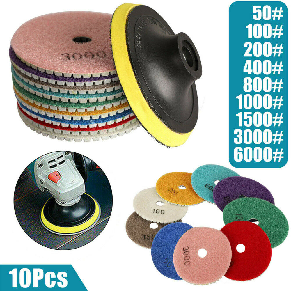 10Pcs Diamond Polishing Pads Wet Dry 4" Set for Granite Stone Concrete Marble